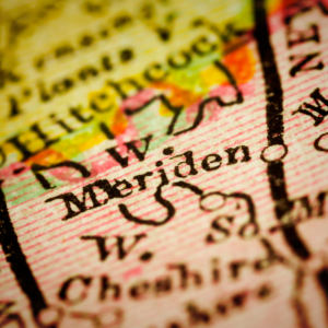 Close-up of a vintage map showing Meriden and Cheshire, Connecticut