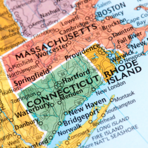 Map of Connecticut highlighting Hartford, New Haven, and nearby New England states