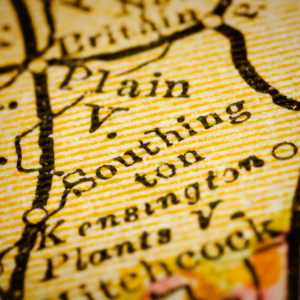 Close-up of a vintage map showing Southington, Plainville, Kensington, and Plantsville, Connecticut