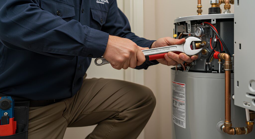 Plumbing professional performing maintenance on a water heater.