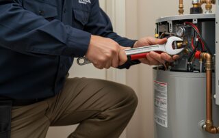 Plumbing professional performing maintenance on a water heater.