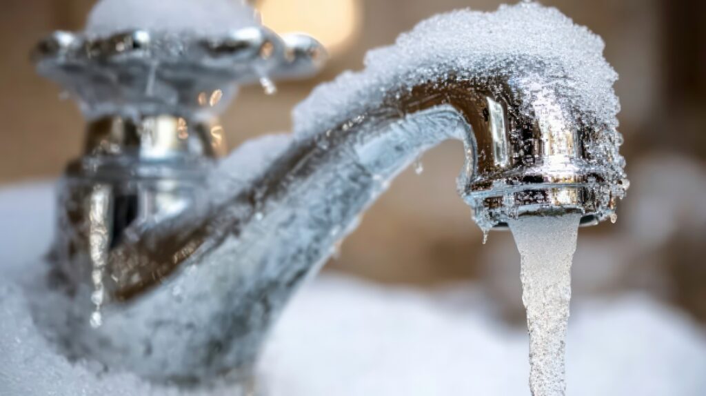A close-up of a frozen faucet with a small drip of water coming from the spout.