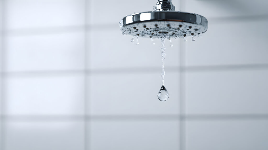 Close-up of water droplets on a chrome shower fixture