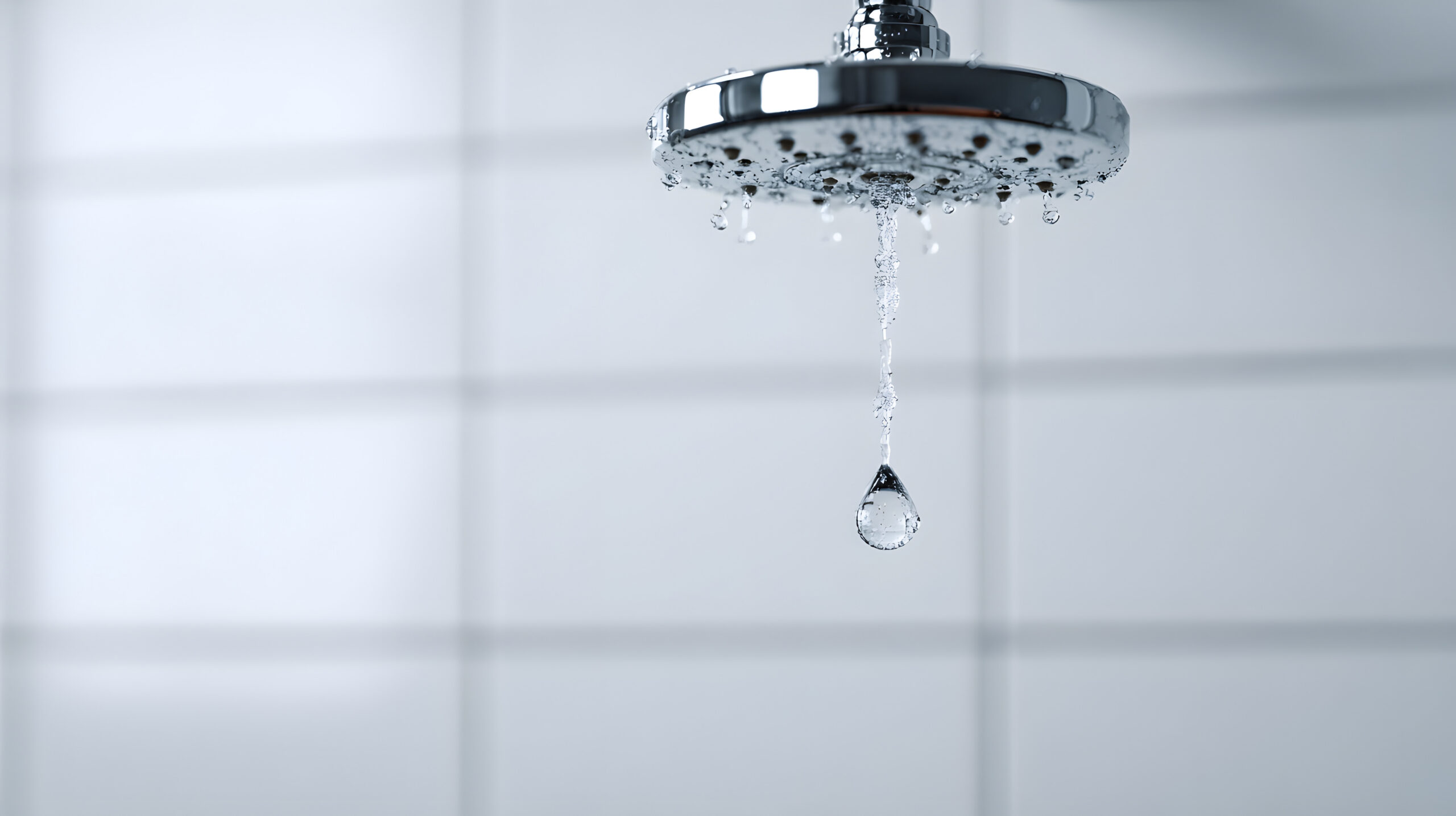 Close-up of water droplets on a chrome shower fixture