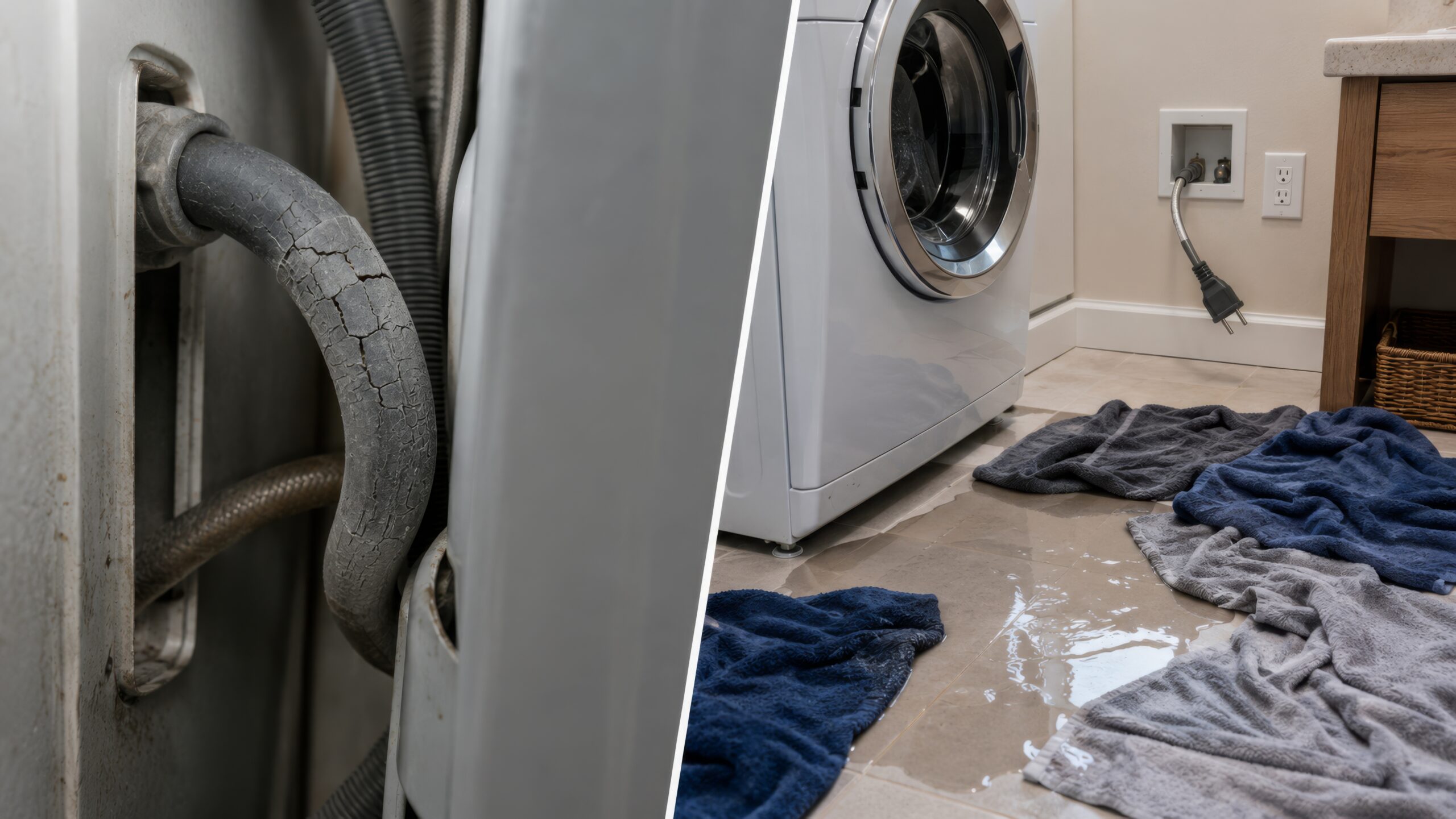 Old washing machine hose leading to laundry room leak
